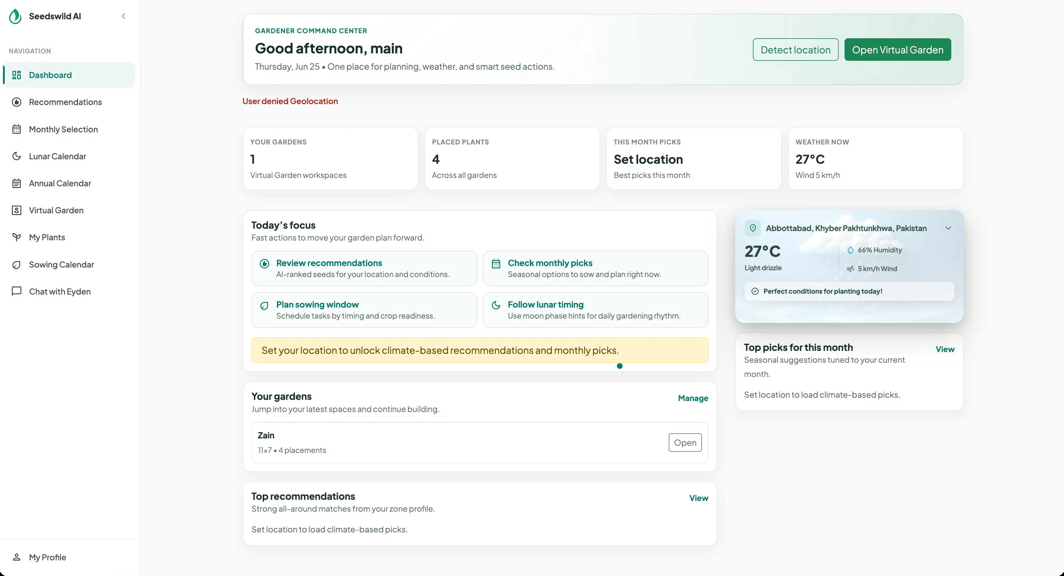 Eyden screens — dashboard, monthly picks, virtual garden and lunar calendar
