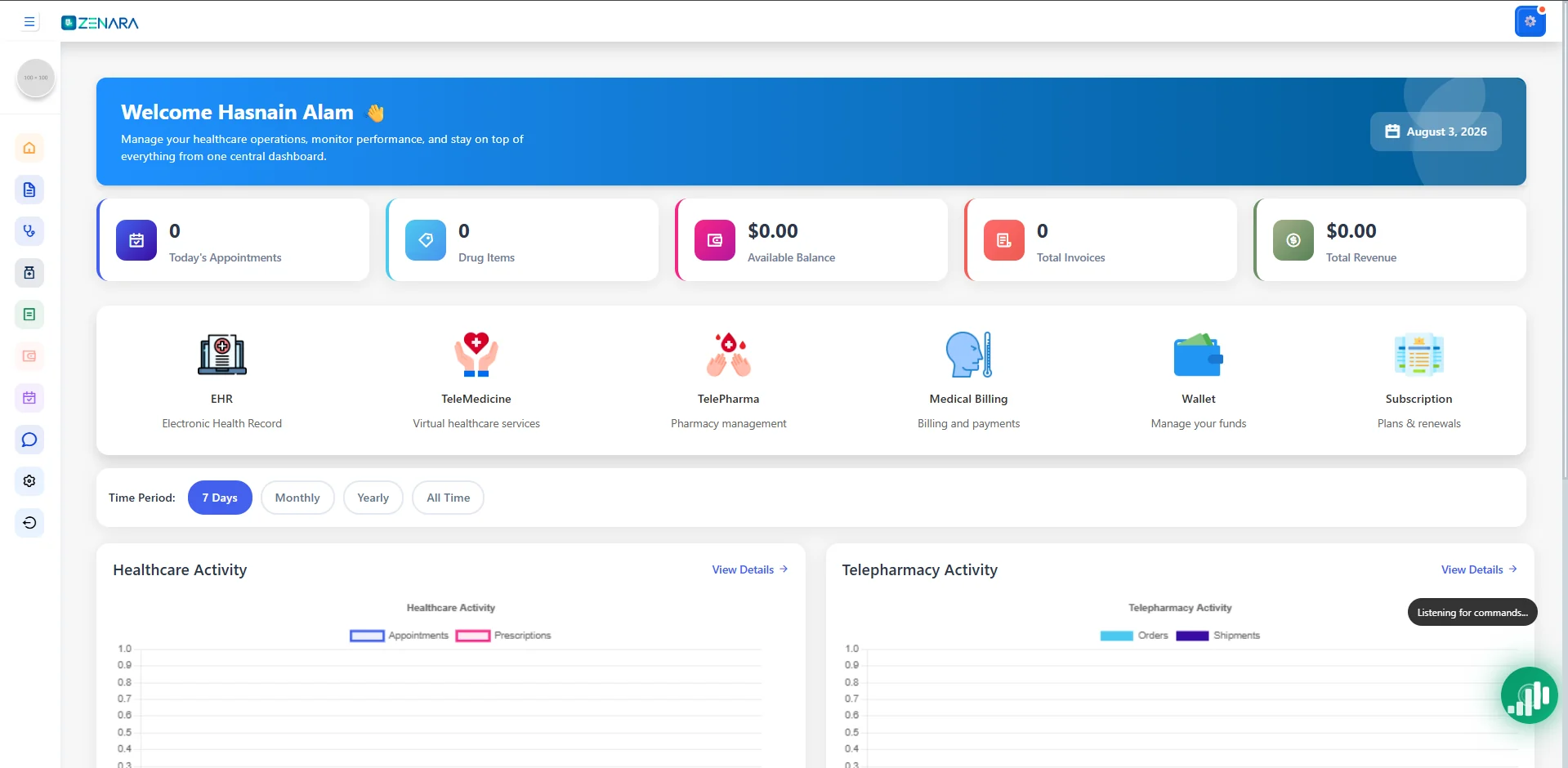 Zenara screens, owner dashboard, clinical encounter, telemedicine and medical billing