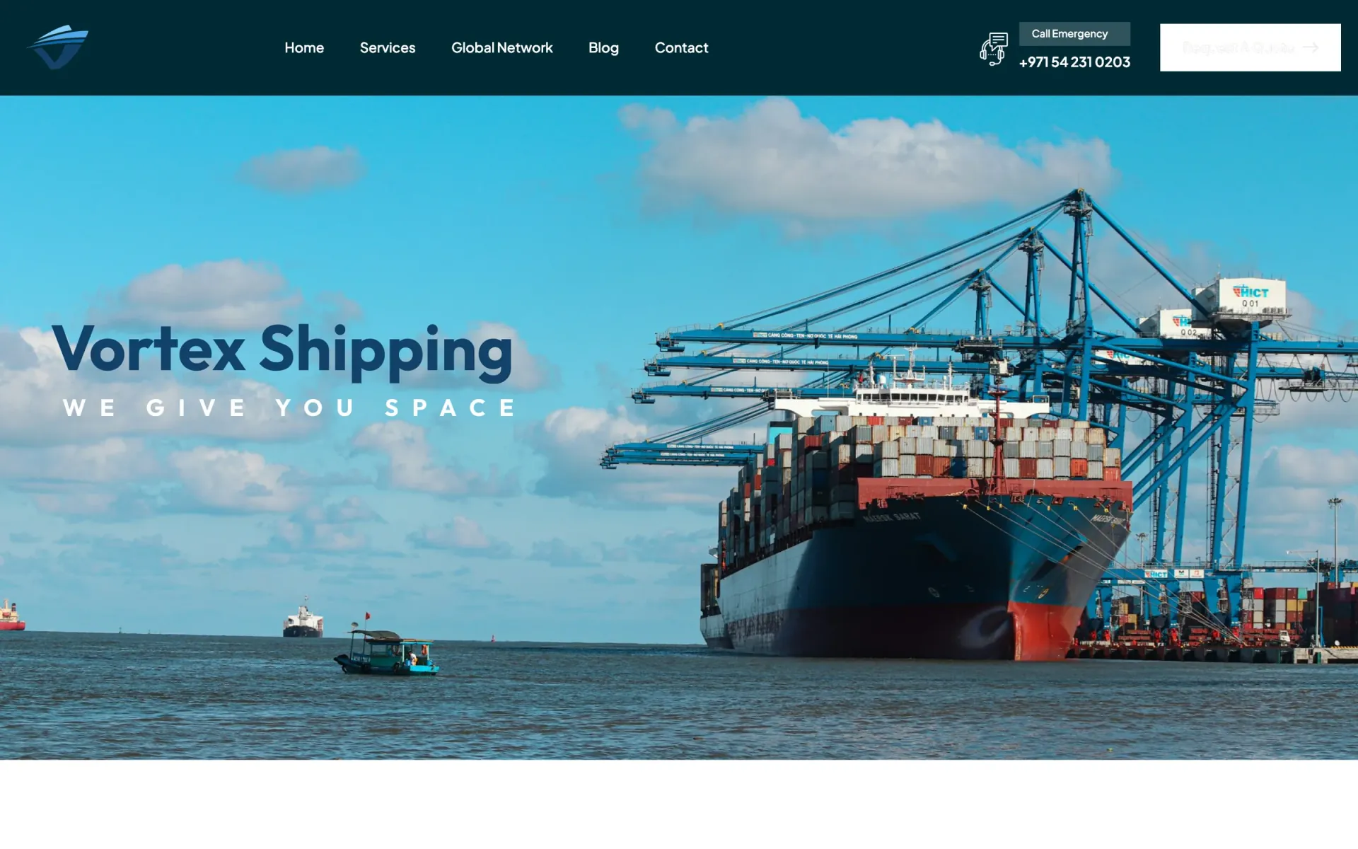 Vortex Shipping screens, hero, services, global network and quote